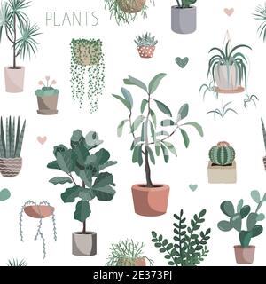 Cute houseplants background. House indoor plant vector cartoon doodle seamless pattern. Potted flowers Stock Vector