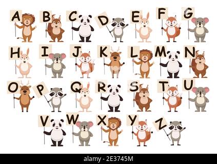 Cartoon animals with alphabet letters banner. Template lion with poster greets amazed squirrel with training font. Stock Vector