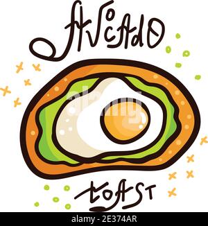 Avocado toast. Hand drawn vector illustration. Healthy wholesome breakfast with green avocado toast and egg Stock Vector