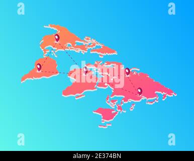 World map with web route labels isometric. Red continents with gps pointers on blue gradient space. Stock Vector