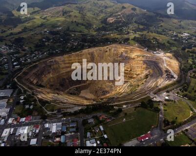 Aerial panorama view of Amertha gold mine in Waihi town city Waikato Bay of Plenty Coromandel North Island of New Zealand Stock Photo