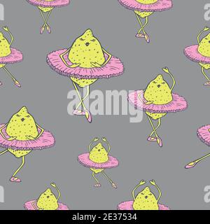 Vector seamless pattern of lemons dancing in ballet tutu. Dancing fruits design. Stock Vector