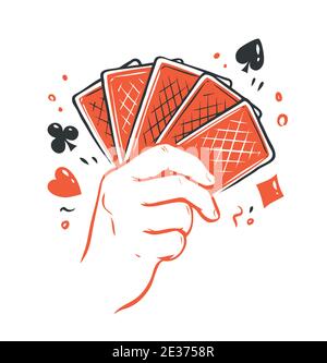 Poker cards in hand. Straight flush, casino symbol vector Stock Vector