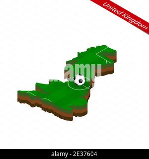 Isometric map of United Kingdom with soccer field. Football ball in center of football pitch. Vector soccer illustration. Stock Vector