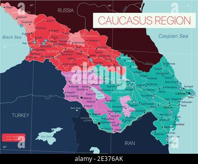 Caucasus region detailed editable map with regions cities and towns, roads and railways. Vector EPS-10 file Stock Vector