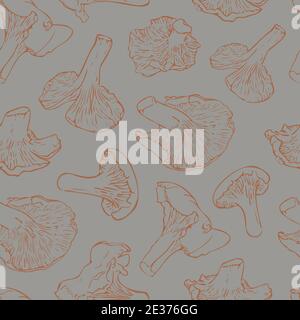 Vector seamless pattern with mushrooms on a grey background. Ginger Cantharellus mushrooms pattern. Stock Vector