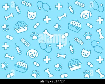 Cute vet seamless pattern. Hand drawn background of pet faces and veterinary equipment. Stock Vector