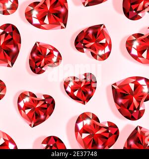 Heart shaped seamless pattern with red rubies. Background for Valentine s Day, Birthday, Women s du, Anniversary. Pink background. For valentines, ban Stock Vector