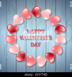 Card banner with a round frame of pink hearts on a background with a blue wood texture. Postcard for Valentine's Day and International Women's Day. In Stock Vector