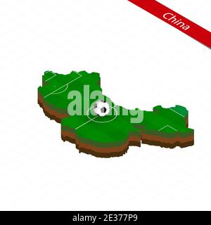 Isometric map of China with soccer field. Football ball in center of football pitch. Vector soccer illustration. Stock Vector