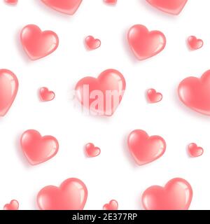 Seamless pattern with pink heart-shaped balloons. For Valentine's Day, Women's Day, Birthday. 3D realistic illustration. On white background. Vector. Stock Vector