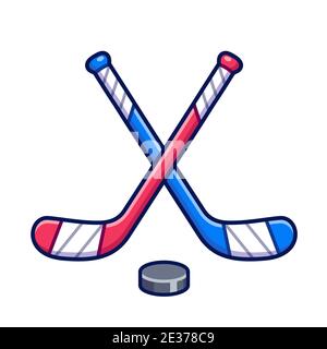 Ice hockey symbol, two crossed hockey sticks and puck. Red vs blue game. Simple and cute vector clip art illustration. Stock Vector