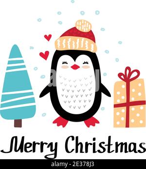 Christmas vector card with penguin. Little penguin and text Merry Christmas. Cute illustration in scandinavian style, doodle nursery art. Stock Vector