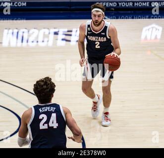 Moraga, CA U.S. 16th Jan, 2021. A. Gonzaga Bulldogs forward Drew Timme (2) looks to pass the ball during the NCAA Men's Basketball game between Gonzaga Bulldogs and the Saint Mary's Gaels 73-59 win at McKeon Pavilion Moraga Calif. Thurman James/CSM/Alamy Live News Stock Photo