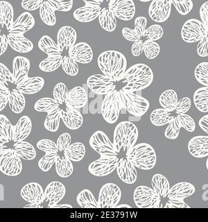 Vector seamless pattern of abstract blooming flowers. Botanical design with flowers in ultimate gray and white colors. Stock Vector