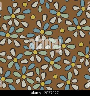 Vector seamless pattern of a colorful abstract blooming flowers on a brown background. Textile design. Stock Vector