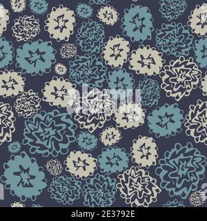 Vector seamless pattern of abstract blooming flowers on a blue background. Wrapping paper or background design. Stock Vector