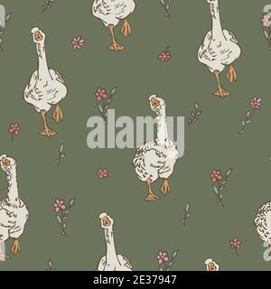 Vector seamless pattern with dancing geese and flowers on a green background. Funny bird natural design. Stock Vector