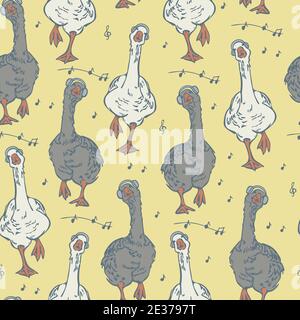 Vector seamless pattern with dancing geese listening to music with headphones. Funny bird design. Stock Vector
