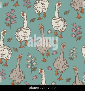 Vector seamless pattern with dancing geese and flowers on a blue background. Funny bird natural design. Stock Vector