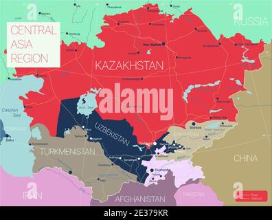 Central Asia region detailed editable map with regions cities and towns, roads and railways. Vector EPS-10 file Stock Vector