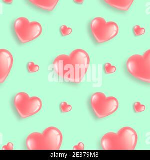 Seamless pattern with pink heart-shaped balloons. For Valentine s Day, Women s Day, Birthday. 3D realistic illustration. On a green background. Vector Stock Vector