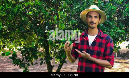 Farmer or worker with hat looking for camera in front of orange tree. Organic Plantation Concept Image. Stock Photo