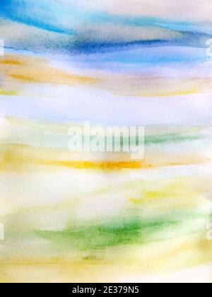 Abstract nature background with blue orange sky and green yellow meadow. Stock Photo