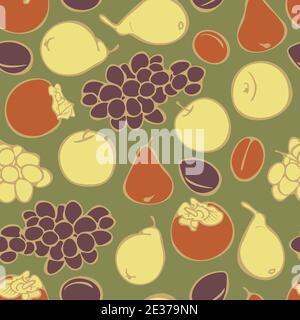 Vector seamless pattern with different fruits on a green background. Grapes, persimmons, apples, pears, plums and apricots. Stock Vector