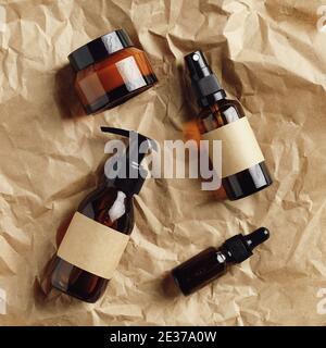 Set Of Cosmetic Dark Amber Glass Bottles Mockup Pump Bottle Hand Soap And Organic Body Spray Natural Spa Cosmetics Packaging Design Stock Photo Alamy