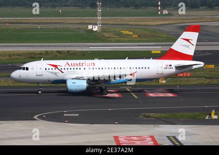 Austrian Airlines Airbus A319-100 with registration OE-LDA on taxiway at Dusseldorf Airport. Stock Photo