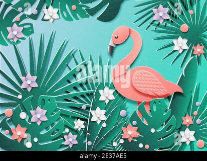 Illustration with tropical plants and flamingos Stock Vector
