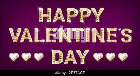 Word of Happy Valentines day. Heart-shaped gold letters with sparkling diamonds. Valentine s Day banner. Congratulatory card. 3D realistic style on a Stock Vector