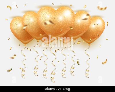 Bunch of golden heart-shaped balloons - banner. Flying upward, with golden cotfetti and serpentine. For valentine, greeting card, Valentine's Day, Wom Stock Vector