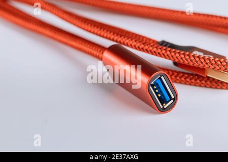 USB3.0 Red cable extension in isolated on white Stock Photo