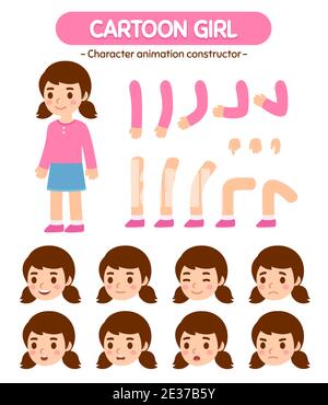 Cute little girl character construction set for rigging and animation. Simple modern flat cartoon style vector illustration. Stock Vector