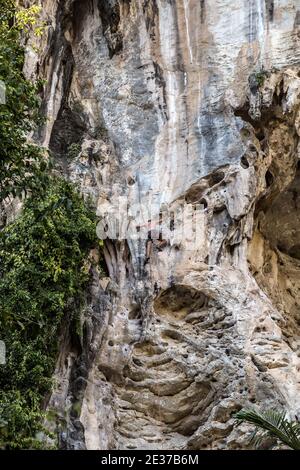 Sportive male alpinist training climbing on cliff rock with rope Stock Photo