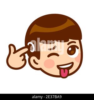 Funny cartoon crazy face with tongue sticking out and 'screw loose' finger gesture. Cute anime boy goofing off and teasing. Isolated vector clip art i Stock Vector