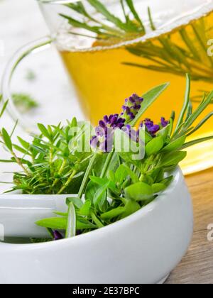 Herbal tea and fresh leaves with mortar Stock Photo