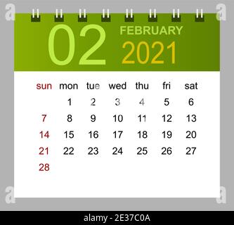 Template of calendar for February 2021. Week starts Sunday. Isolated vector illustration. Stock Vector