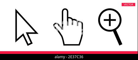Black and white arrow, hand and magnifier mouse cursor icons vector illustration set flat style design isolated on white background. Stock Vector