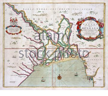 Ganges Delta, Bay of Bengal, India, vintage map from 1702 Stock Photo