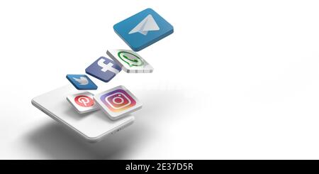 Telegram vs whats app concept. 3D rendered famous social media application icons on white background flying out of a white mobile phone illustration Stock Photo