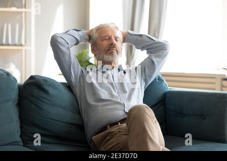 Relaxed smiling middle aged man sleeping on comfortable couch. Stock Photo