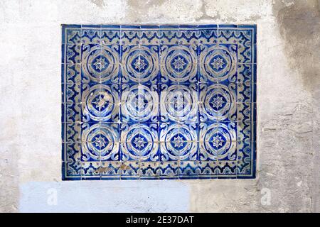 Azulejo Portuguese ceramic blue tiles on a wall in Lisbon Stock Photo