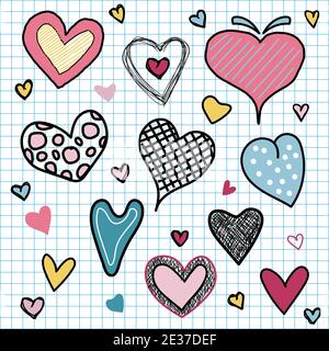 Set of valentine's day hearts love doodles hand draw on grid background. Vector illustration Stock Vector