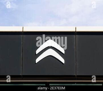 Ankara, Turkey: Citroen logo on a panel of a dealer. Citroen is a major french automobile manufacturer, part of the Peugeot Citroen group since 1976 Stock Photo