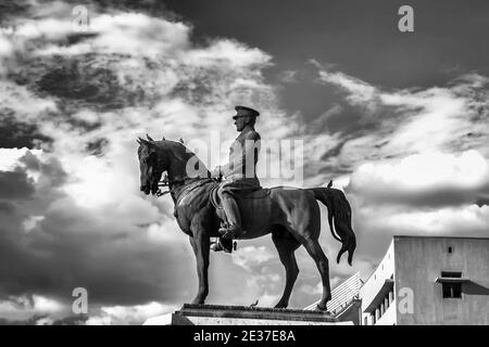 The statue of Ataturk and national flags of modern Turkey in Ulus - Ankara, Turkey Stock Photo