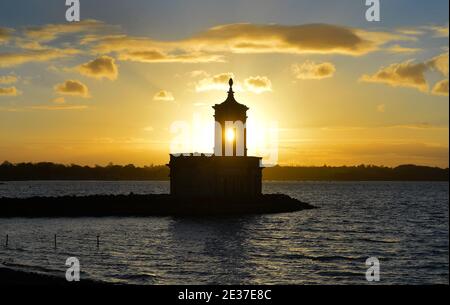 Sunset at Normanton Church on the banks of Rutland Water Stock Photo