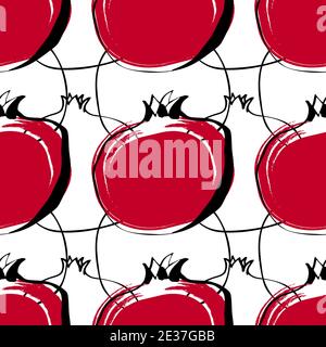 Seamless pattern whith illustration pomegranate fruit in line art black and red color on white Stock Vector